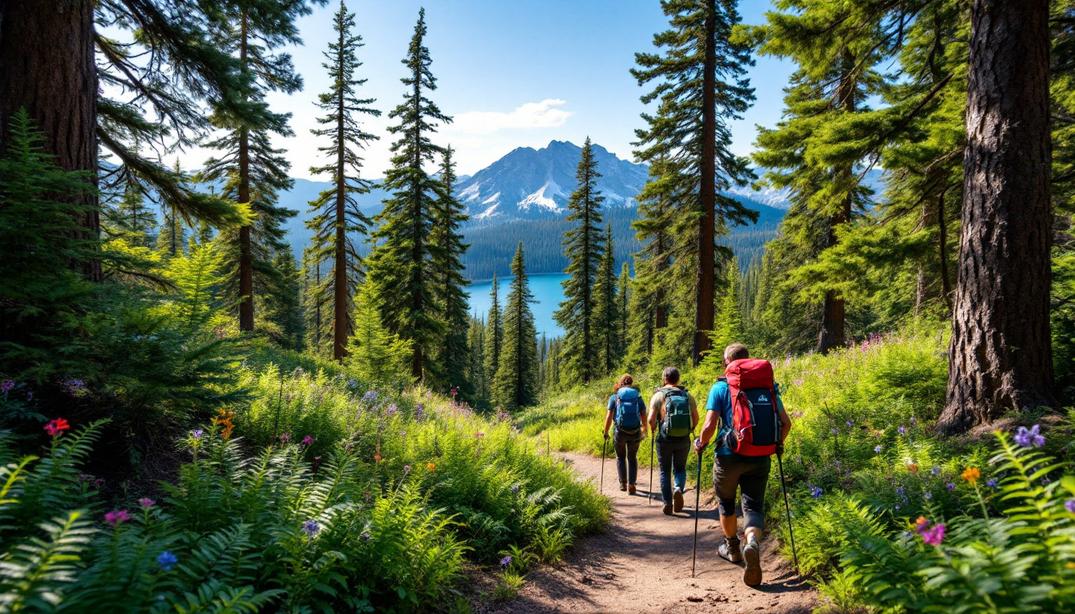 A cozy cabin located near hiking paths, surrounded by lush greenery, perfect for Tahoe Rim Trail rentals.
