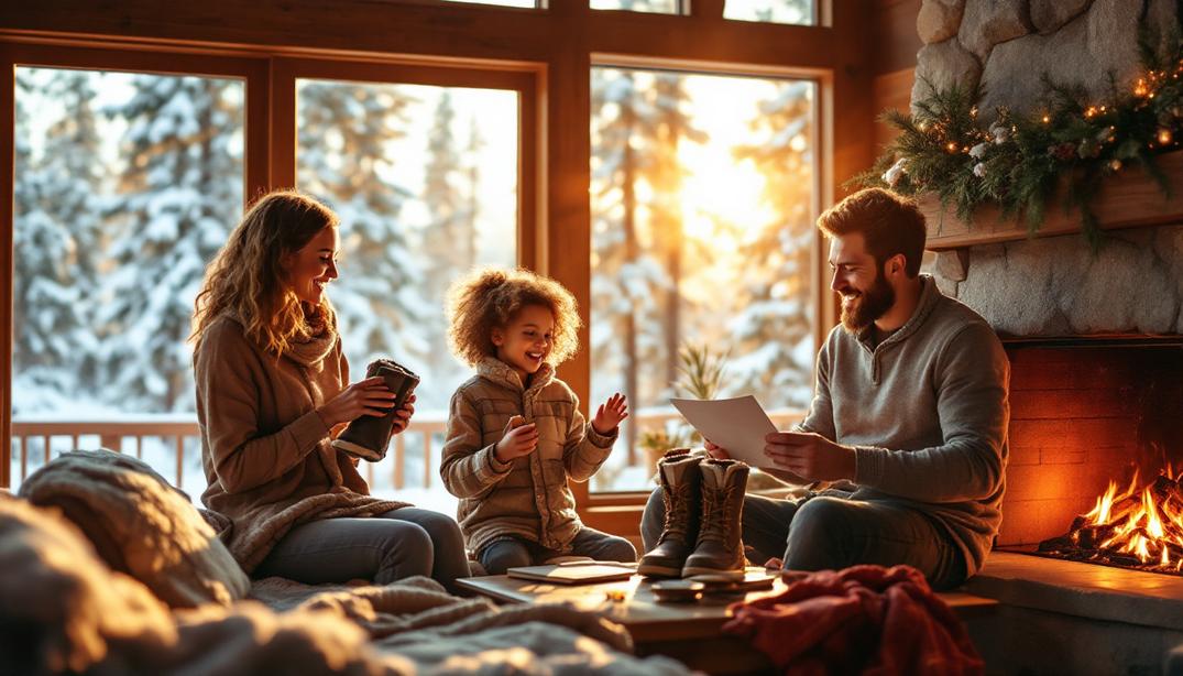 A family relaxes in a cozy cabin by the fire, enjoying their Winter Vacation in Truckee.