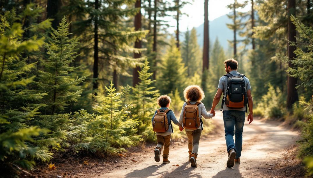 A father and children hike a forest path, one of the many North Tahoe Trails for Beginners and Families.