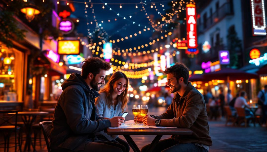 A group of friends enjoying drinks under string lights in a vibrant downtown area, ideal for where to stay for Tahoe bar hopping.