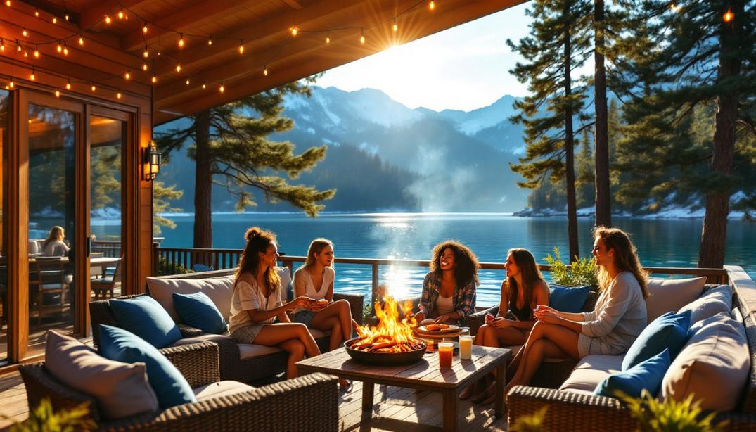 A group of friends gathers around a fire pit on a cabin deck, showcasing the appeal of North Tahoe Rentals for Group Vacations.