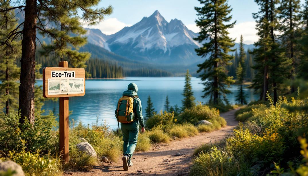 A hiker walks an eco-friendly trail along a lake, practicing Eco-Friendly Travel Tips for Visiting North Tahoe.