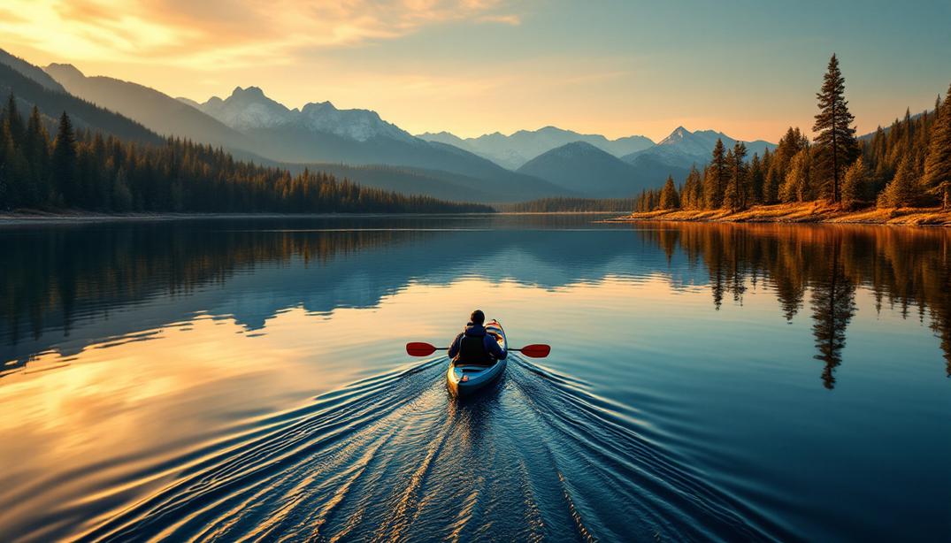 A lone kayaker glides on mirrored lake waters during a breathtaking mountain sunset at Prosser, Truckee, CA.