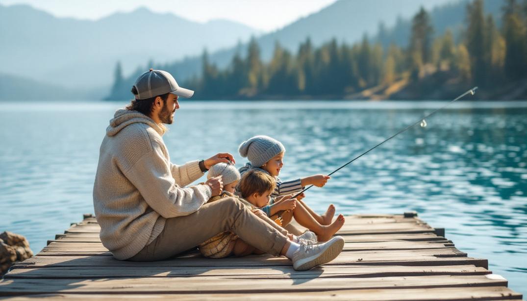 A peaceful moment of fishing on a wooden dock with serene lake waters and forested hills at Lake Forest, Tahoe City, CA.