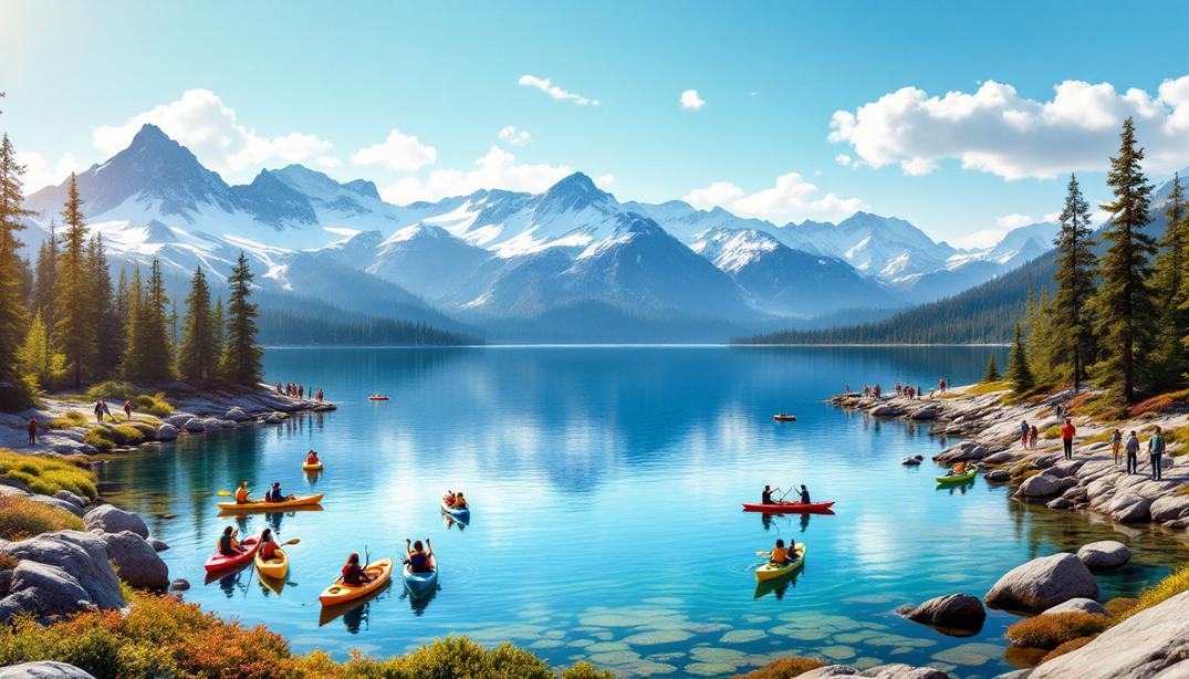 A stunning view of people kayaking on a pristine lake surrounded by mountains, showcasing North Tahoe Year-Round Adventures.
