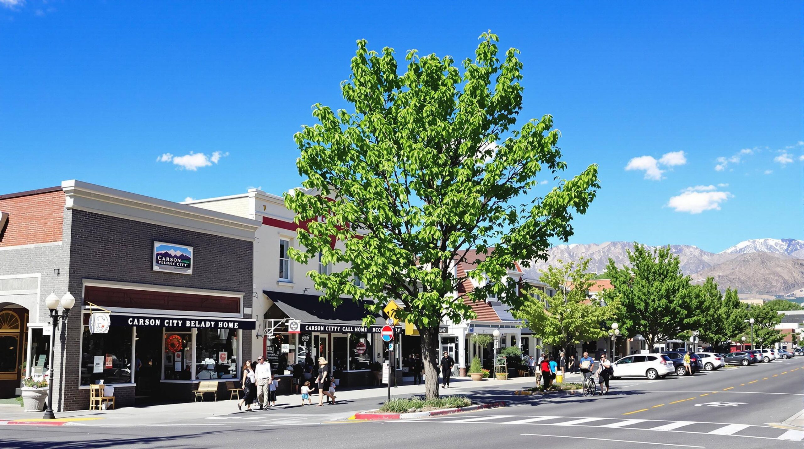 A sunny day stroll through Carson City, NV, with quaint shops and a vibrant community vibe.