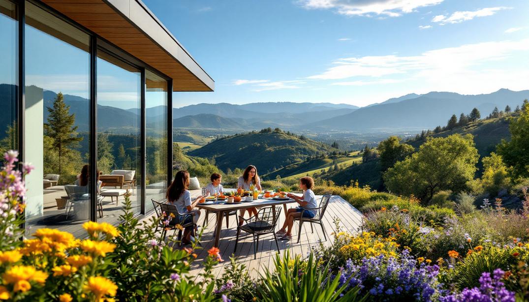 A family enjoys a scenic meal on a deck with stunning views of rolling hills and valleys in Kings Canyon, Carson City, NV.