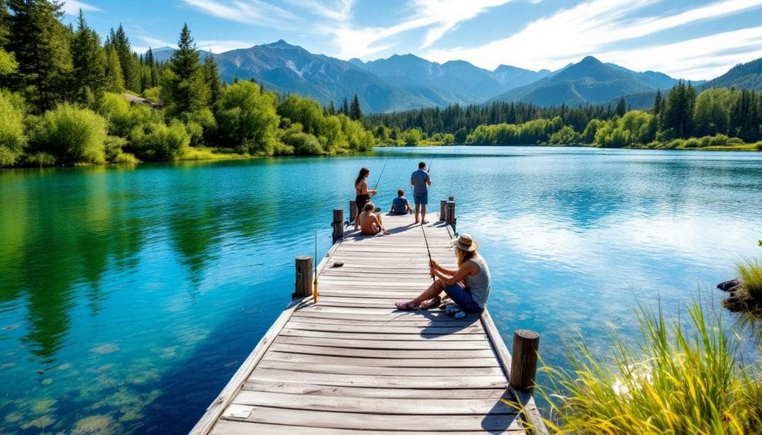 A serene fishing scene with families gathered on a dock overlooking tranquil waters in Lakeview, Carson City, NV.