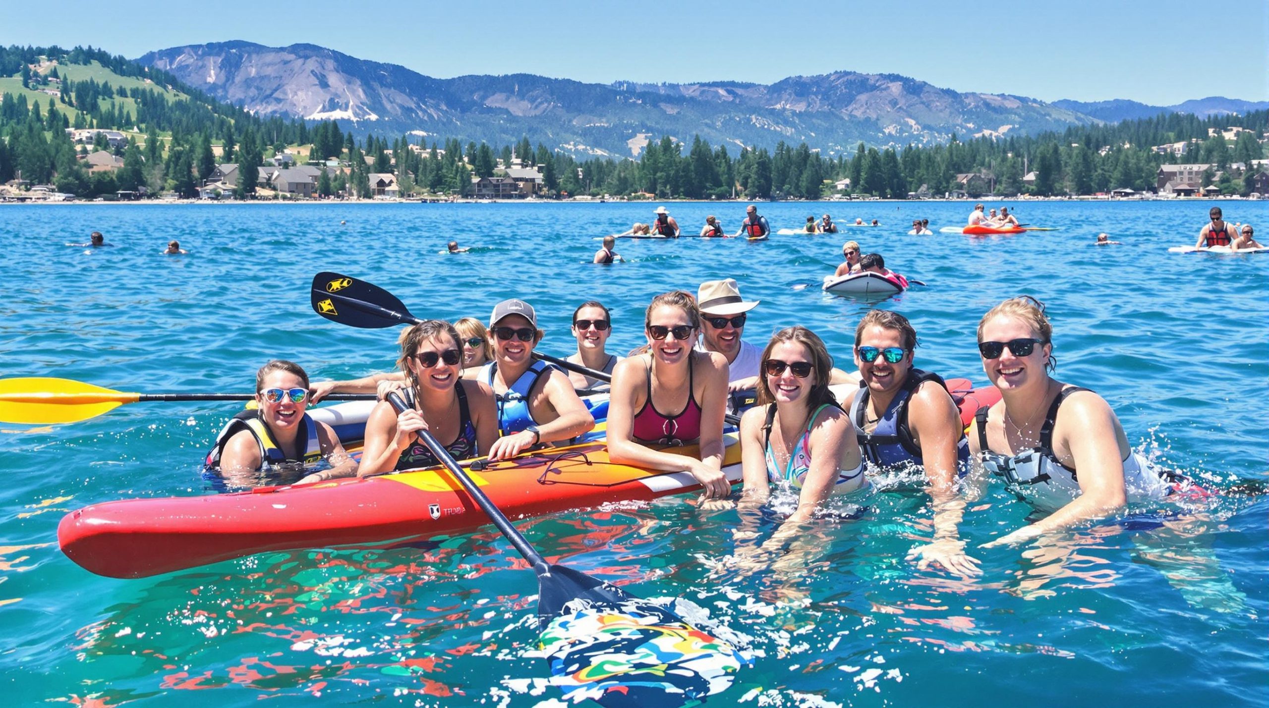 Exciting water sports on Lake Tahoe, including kayaking, paddleboarding, and jet skiing.