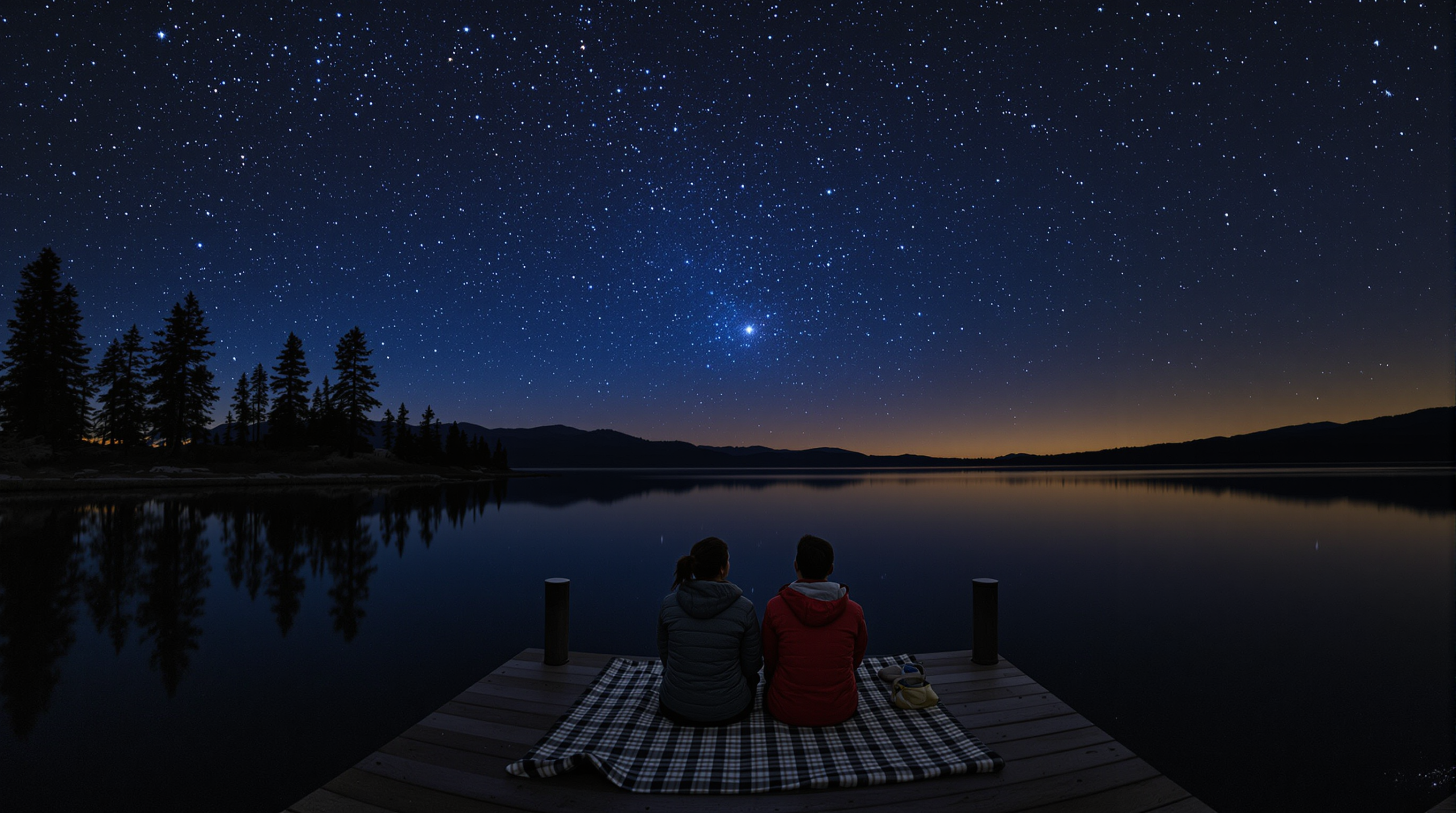 Couple stargazing on a dock under a clear North Tahoe night sky filled with stars, with lake reflections and forest silhouette.