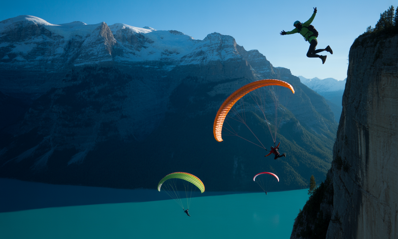 Paragliders and a cliff jumper soaring over an alpine lake – Extreme Sports and Outdoor Challenges in North Tahoe.