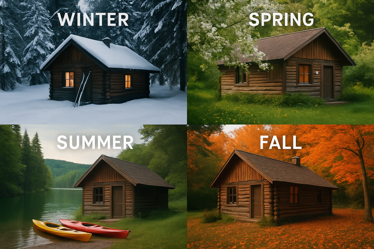 Log cabin depicted across all four seasons—winter, spring, summer, and fall—highlighting year-round rental appeal in Tahoe North.