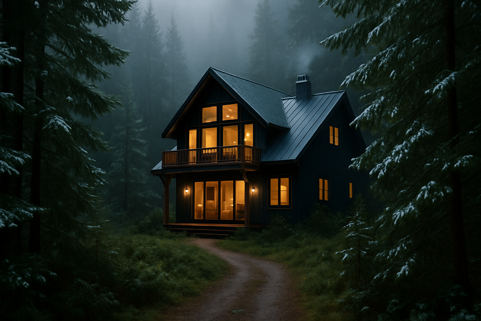 A modern black cabin with glowing windows tucked into a misty pine forest, evoking a secluded Hundred Acre Wood hideaway.