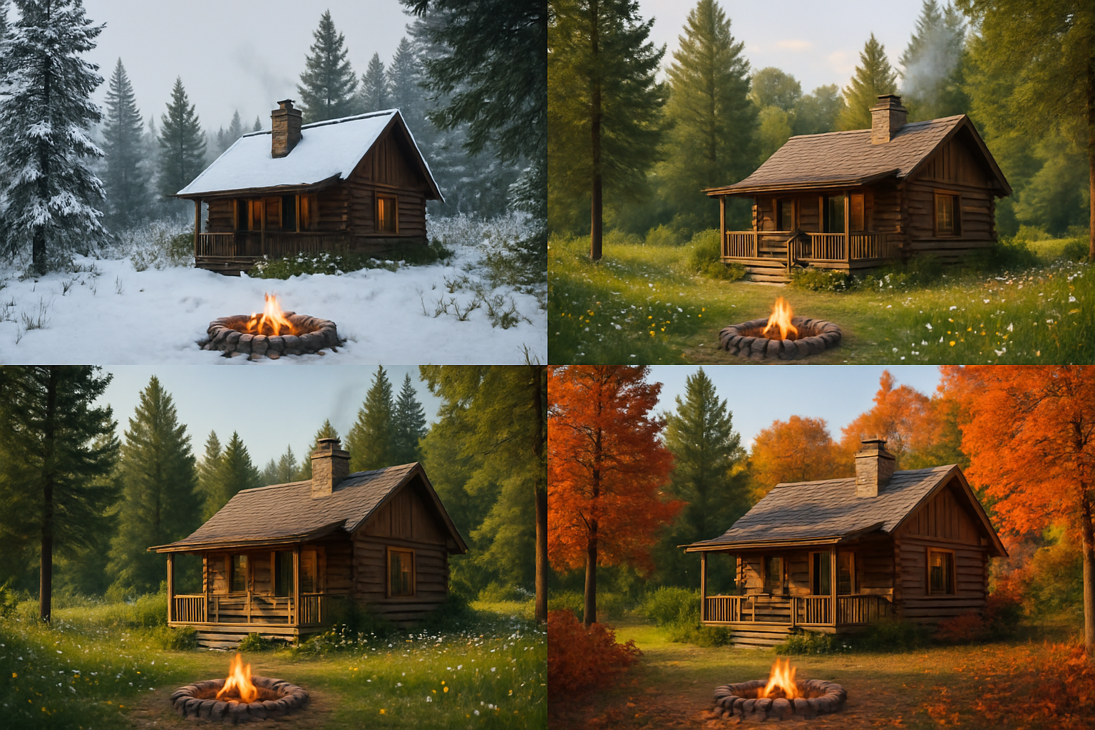 Cozy log cabin with a firepit shown in all four seasons—winter, spring, summer, and fall—in Tahoe North forest retreat.