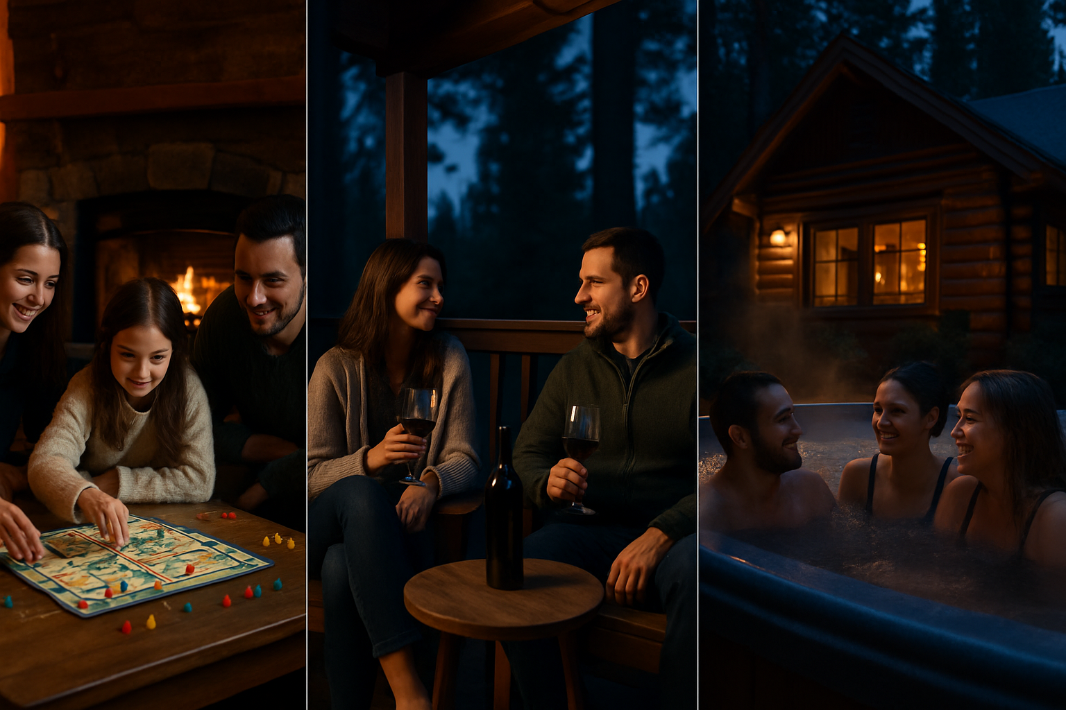 Cozy winter evening at a Truckee cabin with a family playing board games, couple sipping wine, and friends relaxing in a hot tub under pine trees.