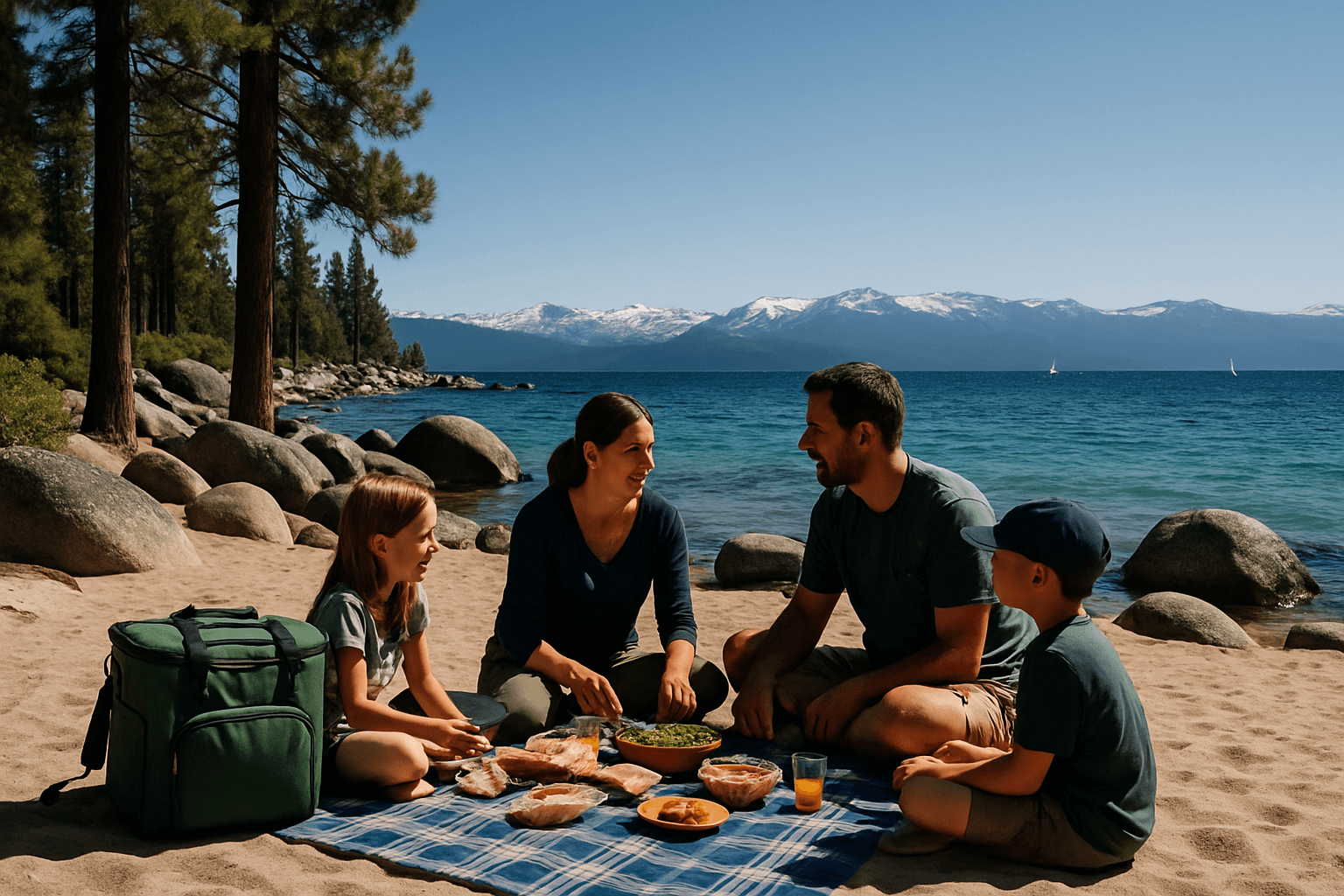 Family enjoying a picnic on the beach with Lake Tahoe and mountains in background
