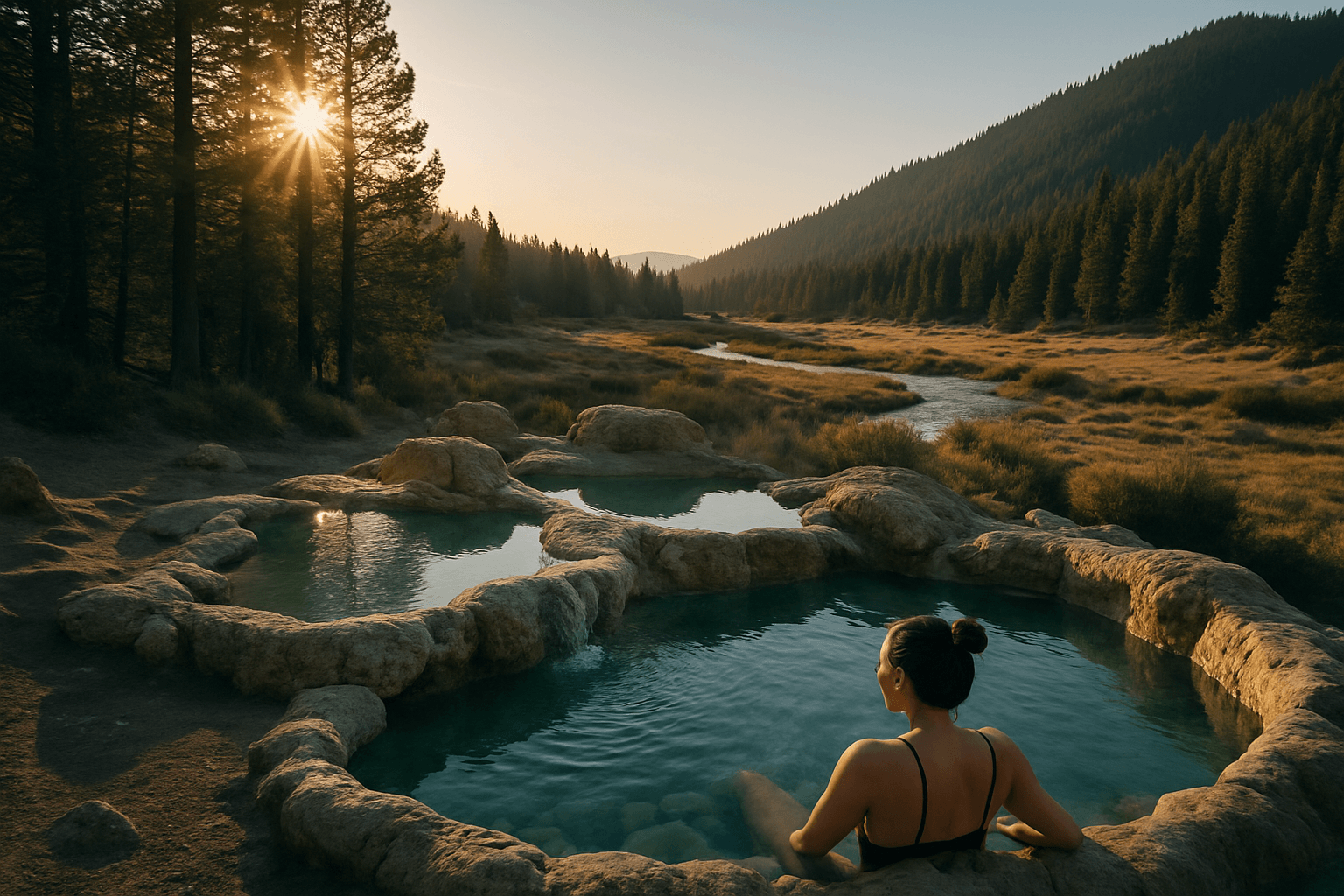 Woman relaxing in natural hot springs at sunset surrounded by pine trees and mountains
