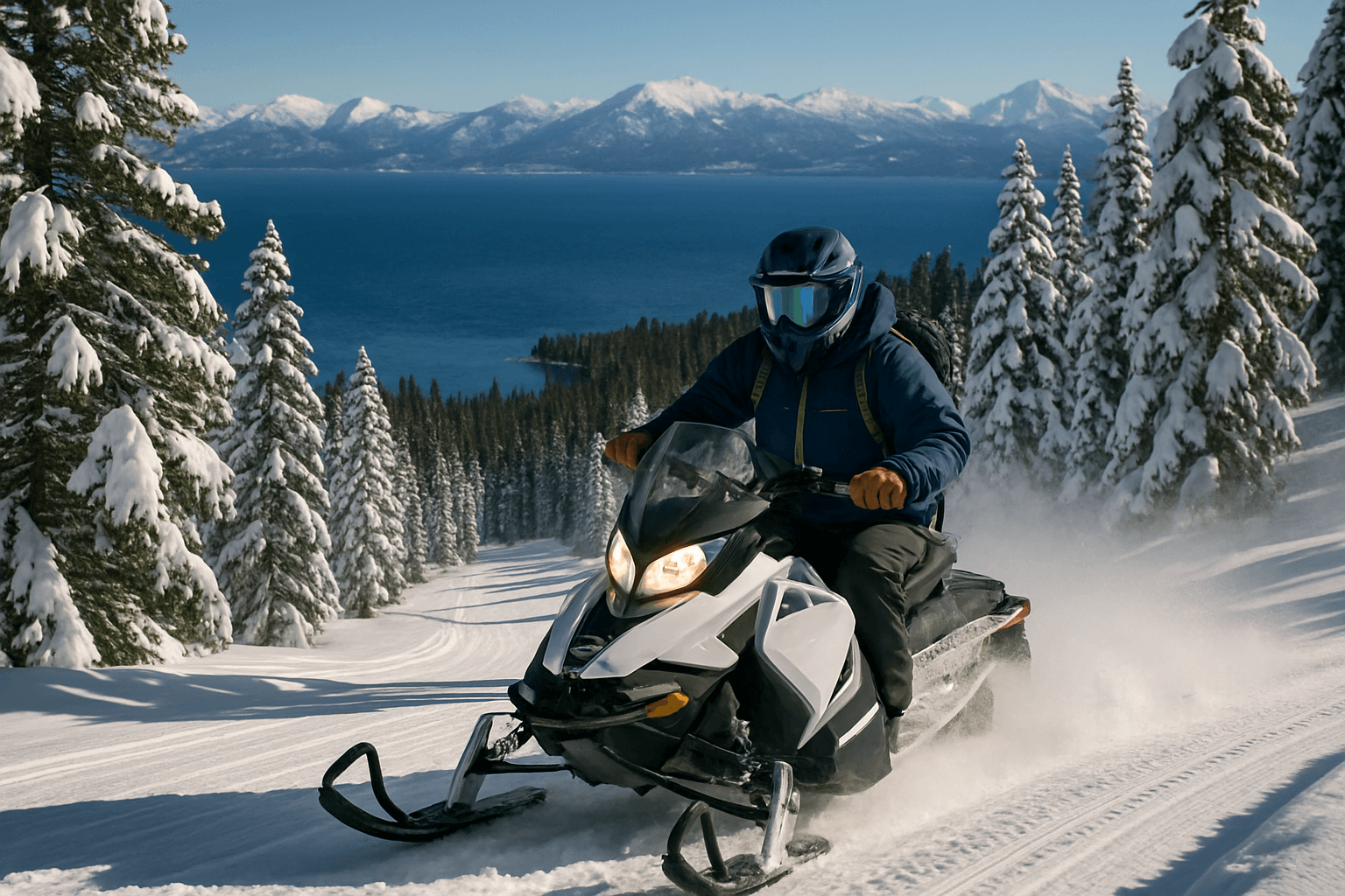 Snowmobiler riding through snowy pine forest with Lake Tahoe in the background