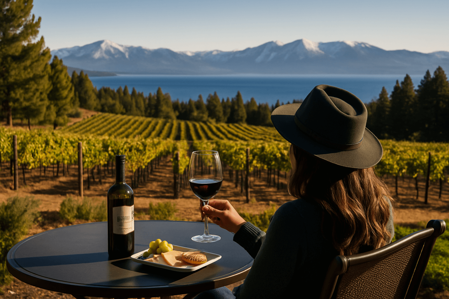 Woman enjoying wine at a vineyard overlooking Lake Tahoe and snow-capped mountains