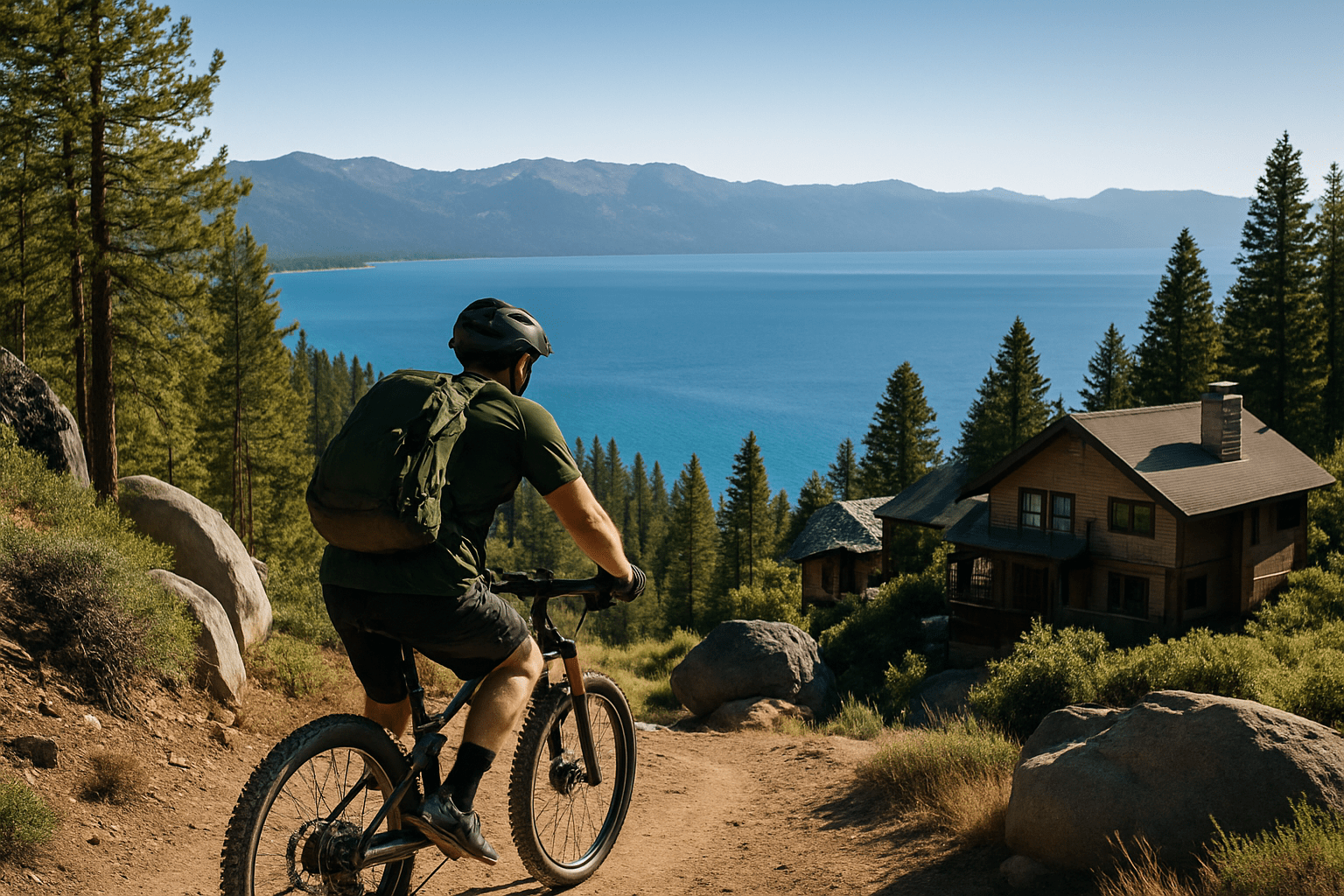A mountain biker rides down a forested trail with a scenic view of a lake and a wooden cabin below.