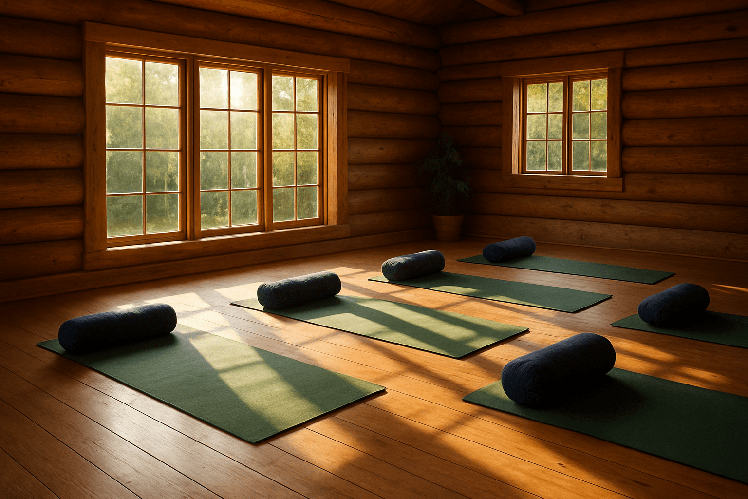 A sunlit log cabin room with yoga mats and bolsters neatly arranged on the wooden floor, with large windows letting in natural light.