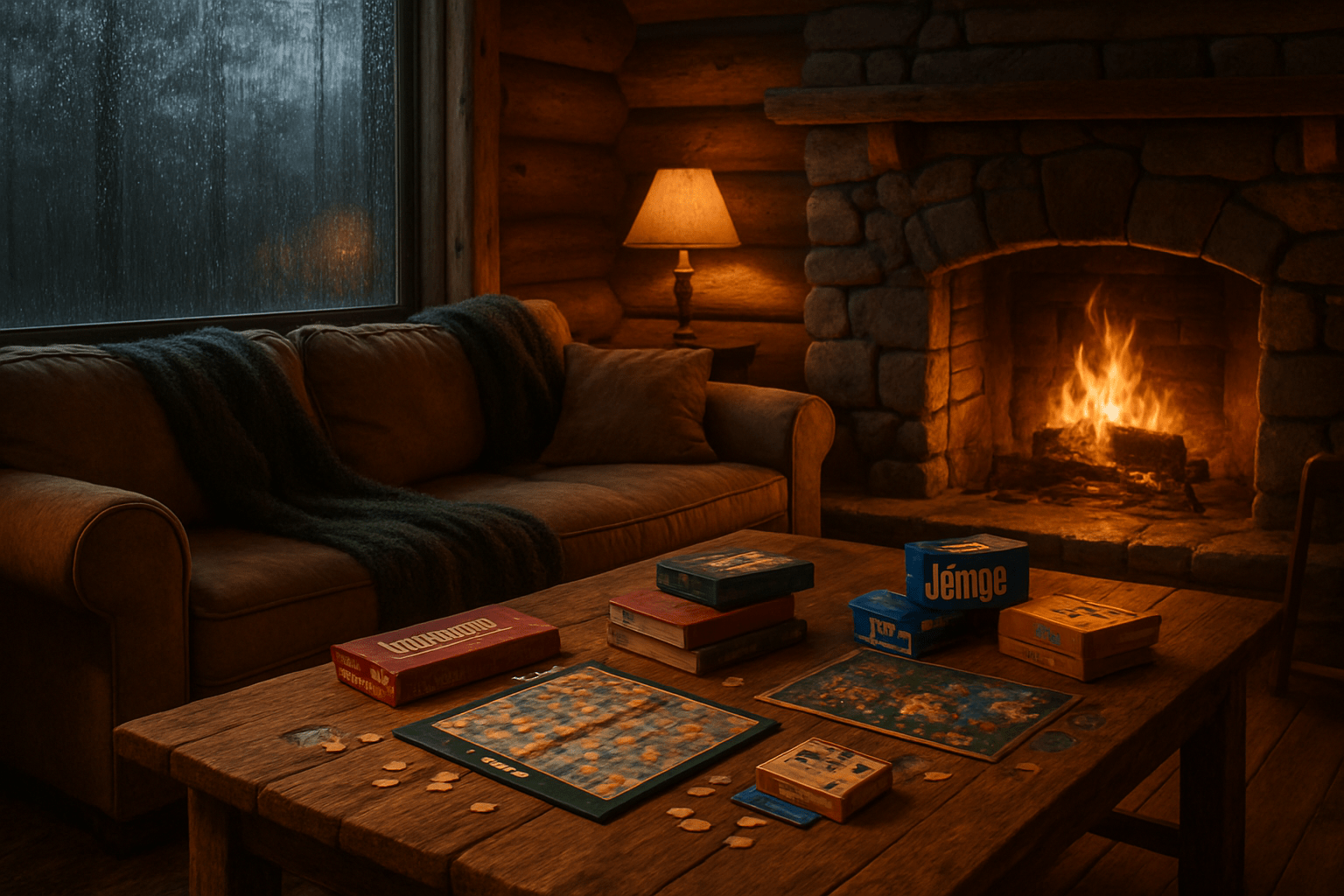 A rustic cabin living room with a sofa and a warm fireplace, a wooden table filled with board games, and a window showing a rainy forest scene outside.