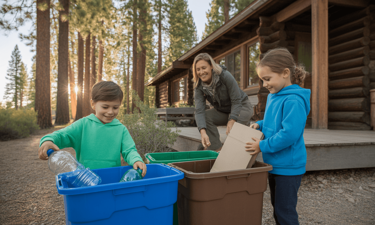 Two children and an adult recycling plastic bottles and cardboard outside a cabin.