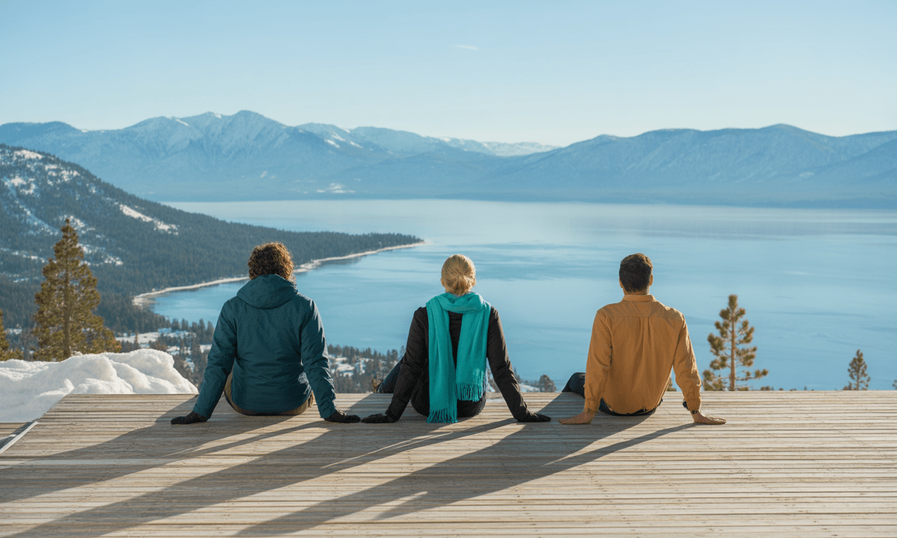 Three people sitting on a wooden deck overlooking Lake Tahoe and snow-covered mountains.