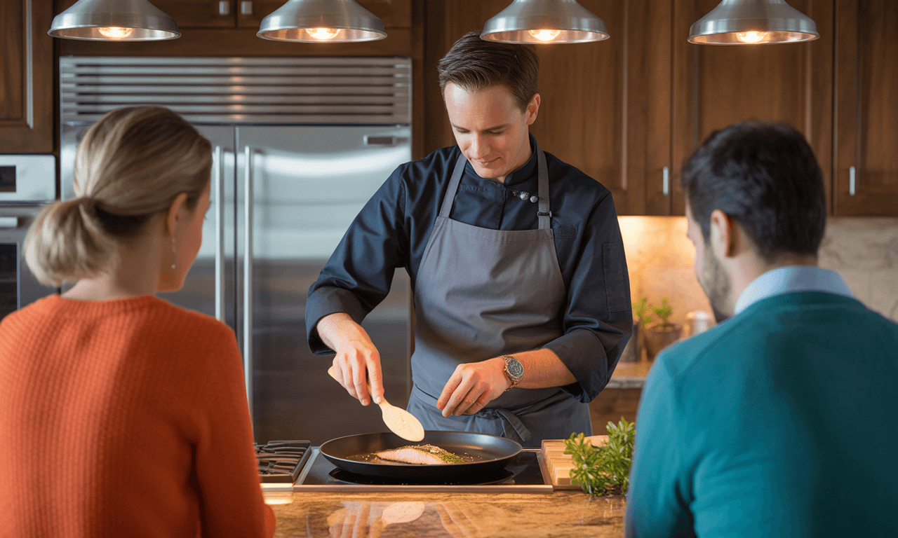 Chef cooking a gourmet meal in a kitchen while two guests watch.