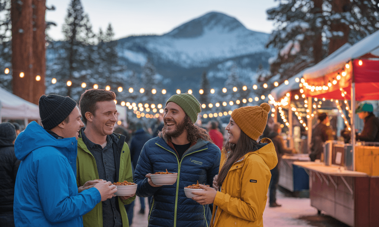 Group of friends enjoying food at an outdoor winter festival with string lights and mountains in the background.