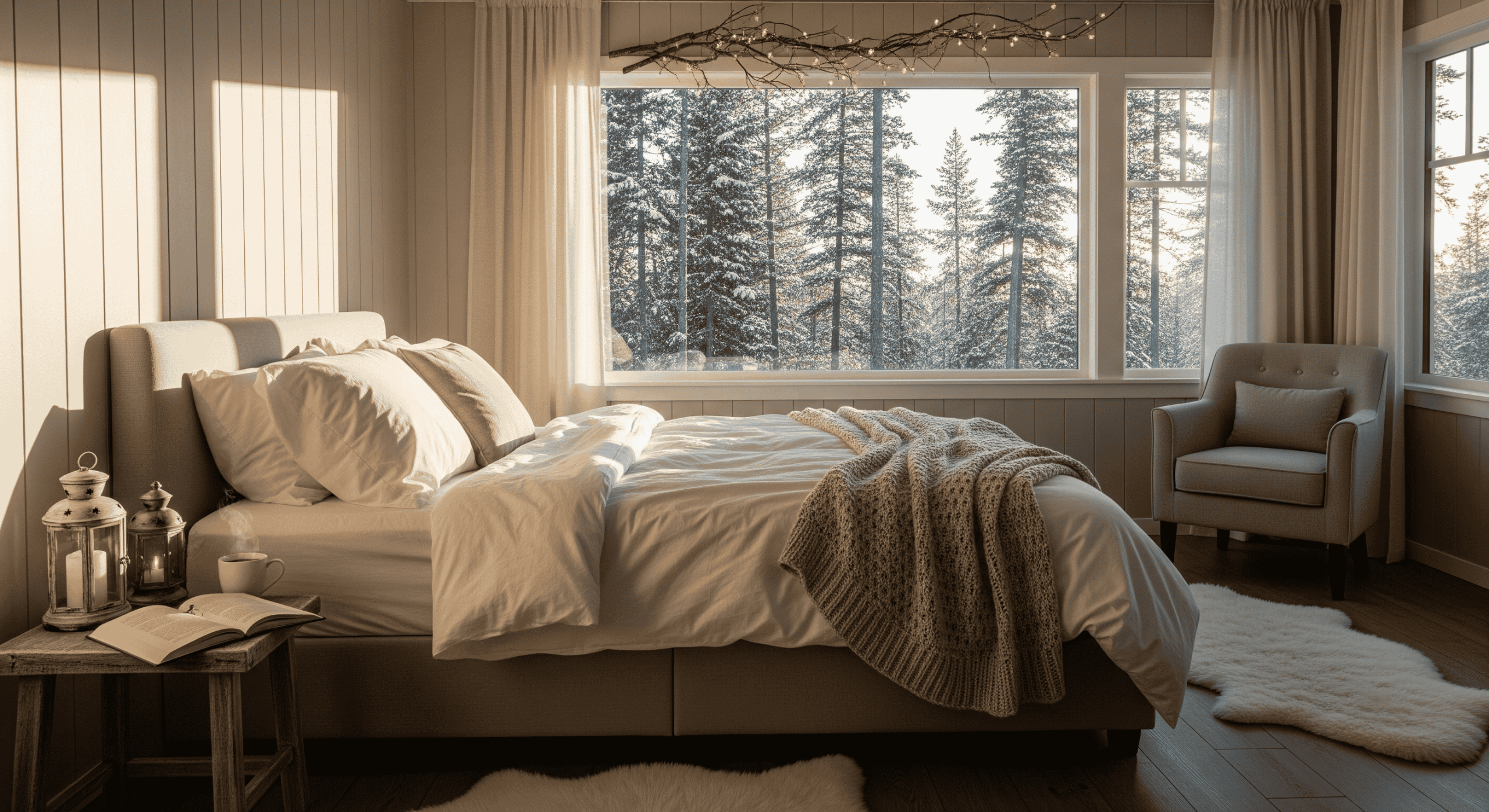 Bedroom with warm lighting and snowy pine trees visible through large windows.