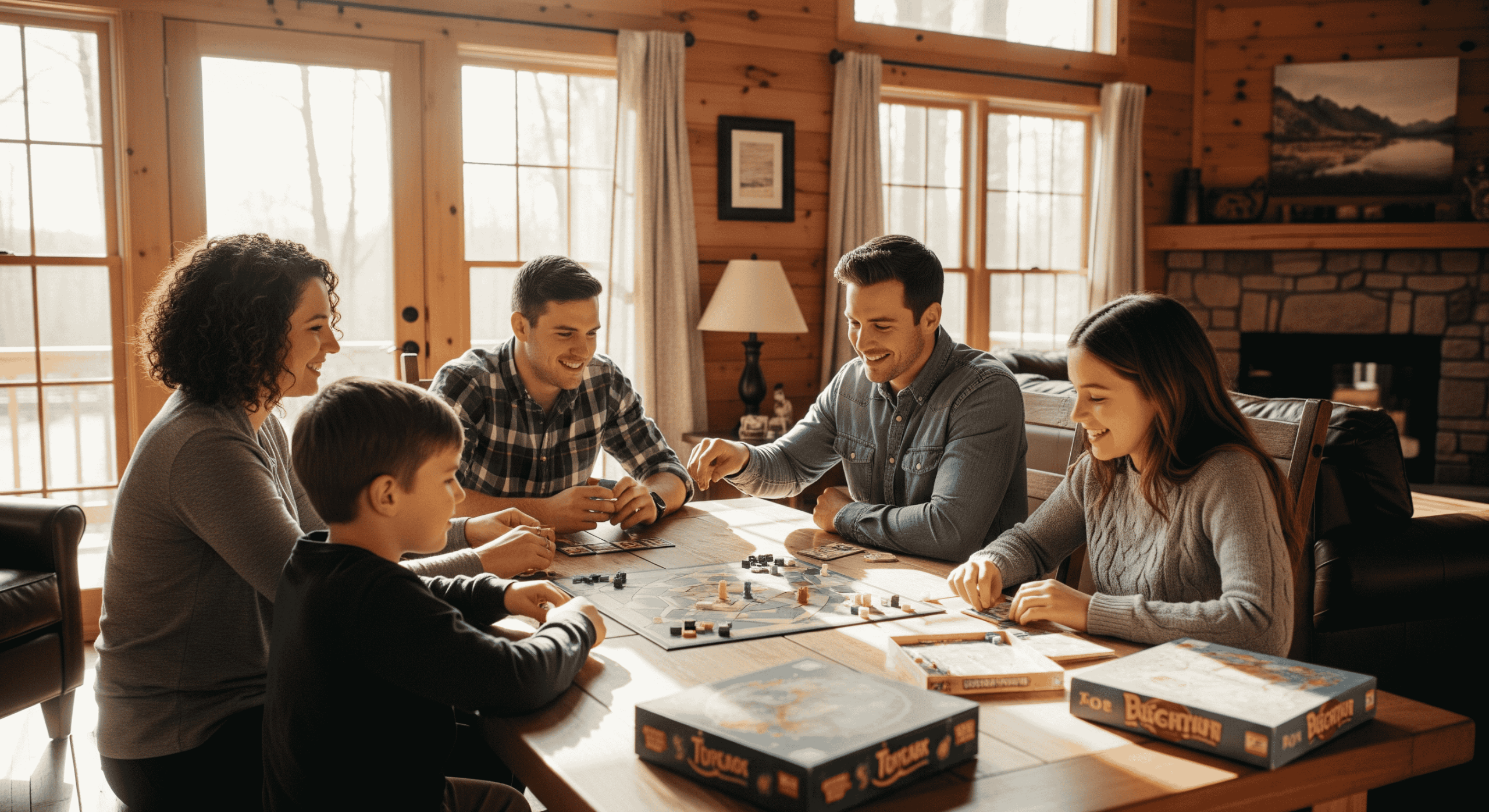 Family playing board games together inside a cozy Tahoe cabin.