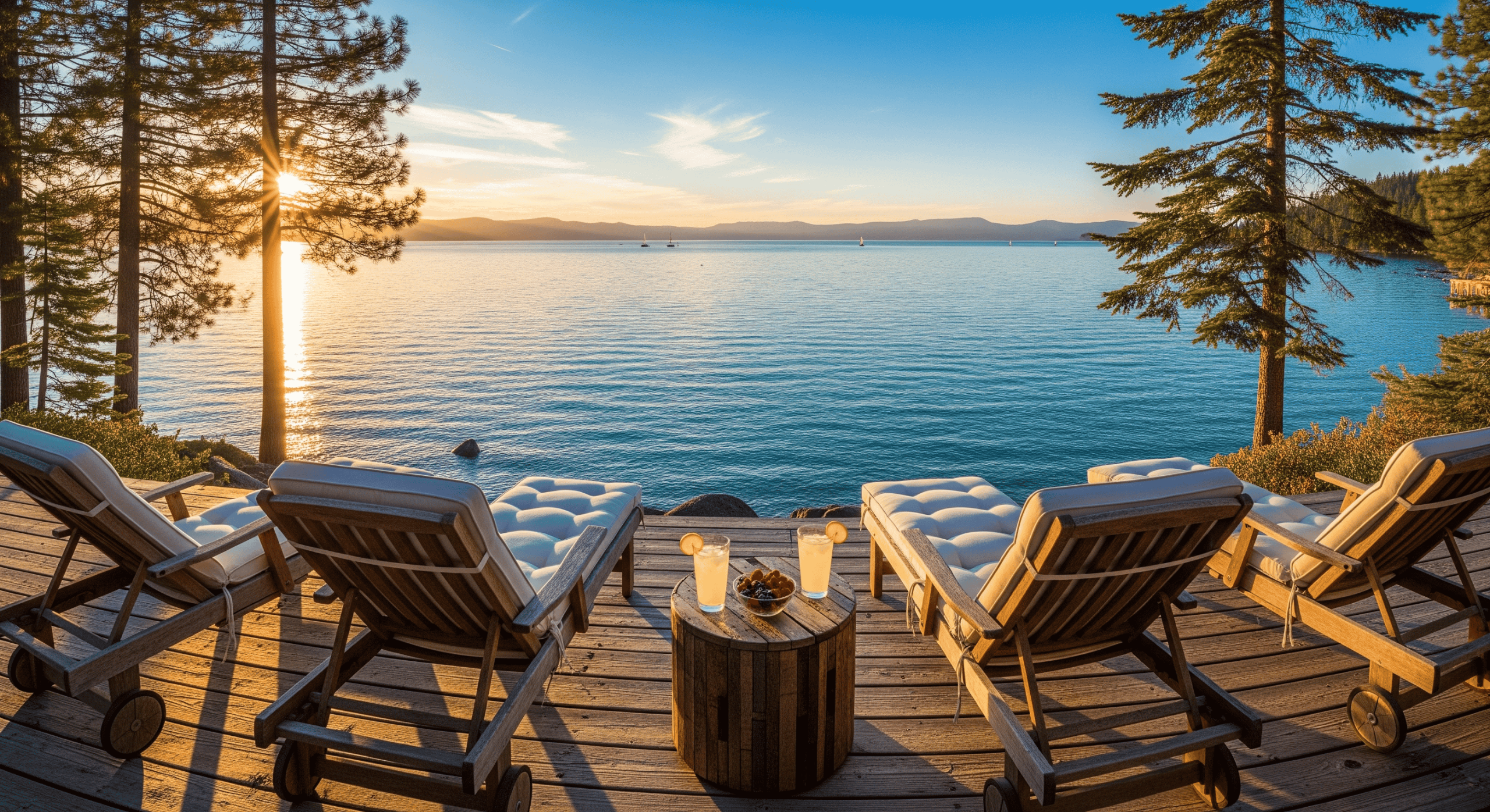 Sunset view over Lake Tahoe with lounge chairs and drinks on a wooden deck.