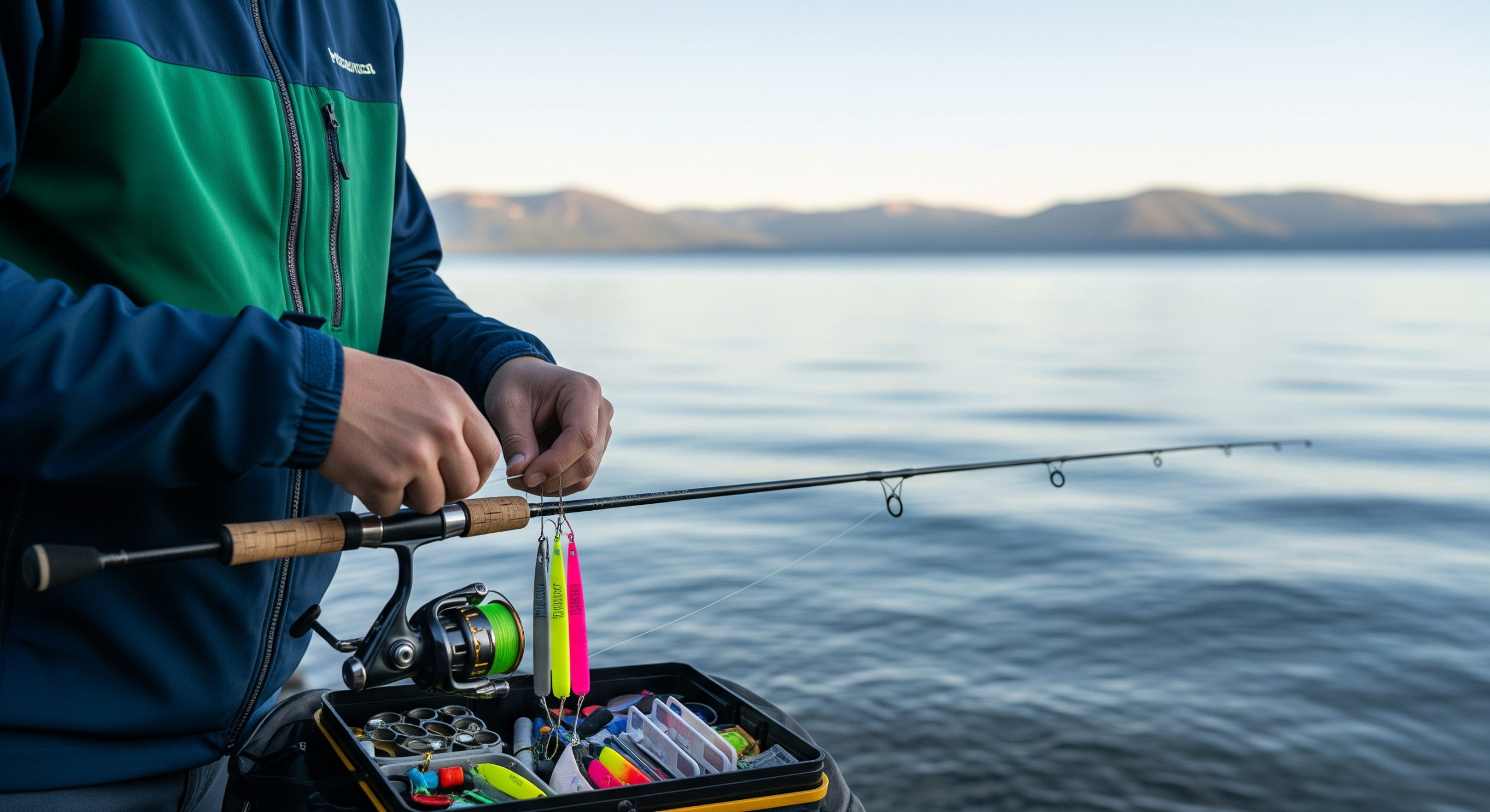 Someone preparing fishing tackle beside the calm waters of Lake Tahoe.