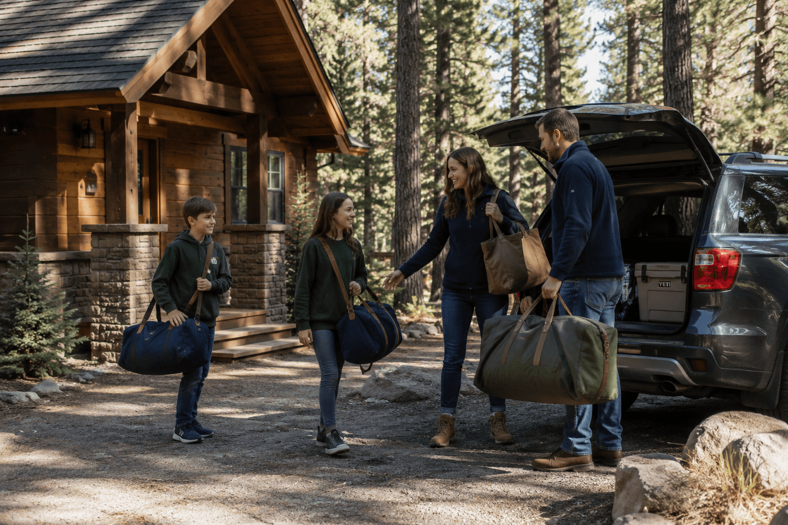Family unloading luggage outside a North Lake Tahoe vacation cabin surrounded by pine trees