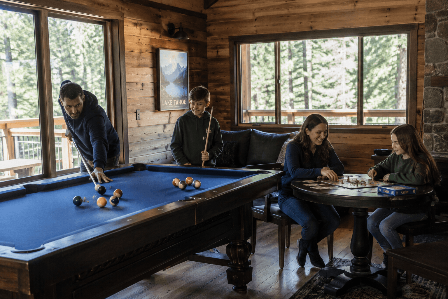 Family playing pool and board games inside a rustic Lake Tahoe cabin game room