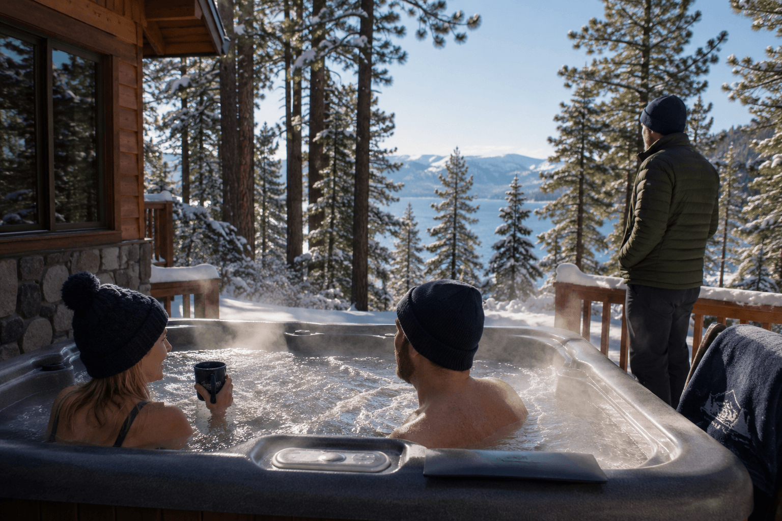 Guests relaxing in a hot tub with snowy Lake Tahoe views in the background