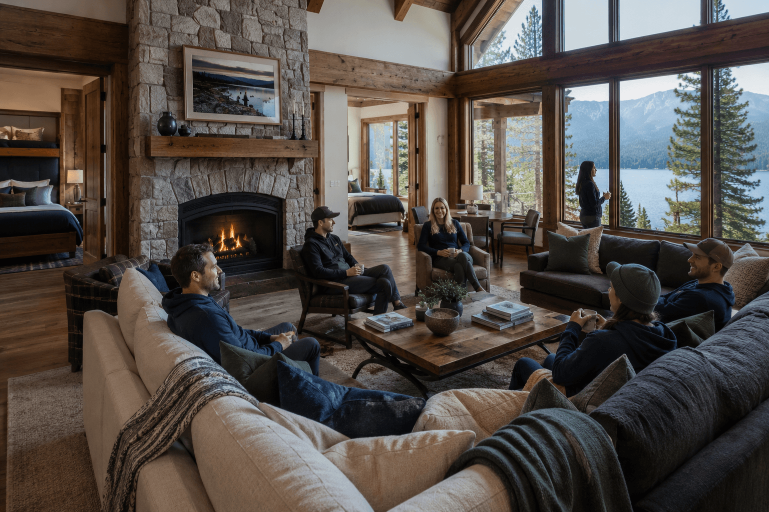 Spacious luxury cabin living room with fireplace and large windows overlooking Lake Tahoe