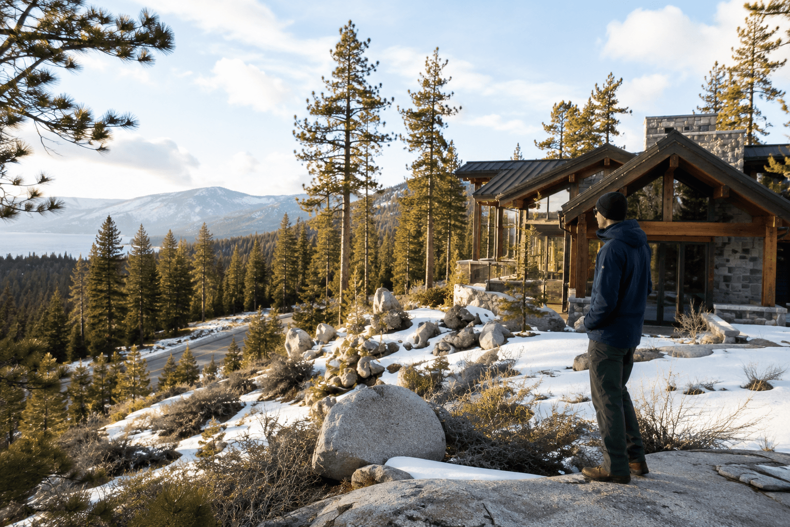 Man standing outside a luxury North Lake Tahoe cabin overlooking snowy mountains and the lake