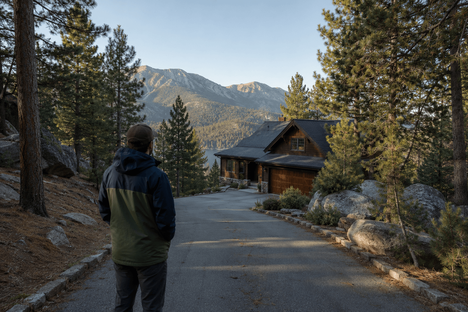 Person standing in driveway looking at a secluded mountain cabin in North Lake Tahoe