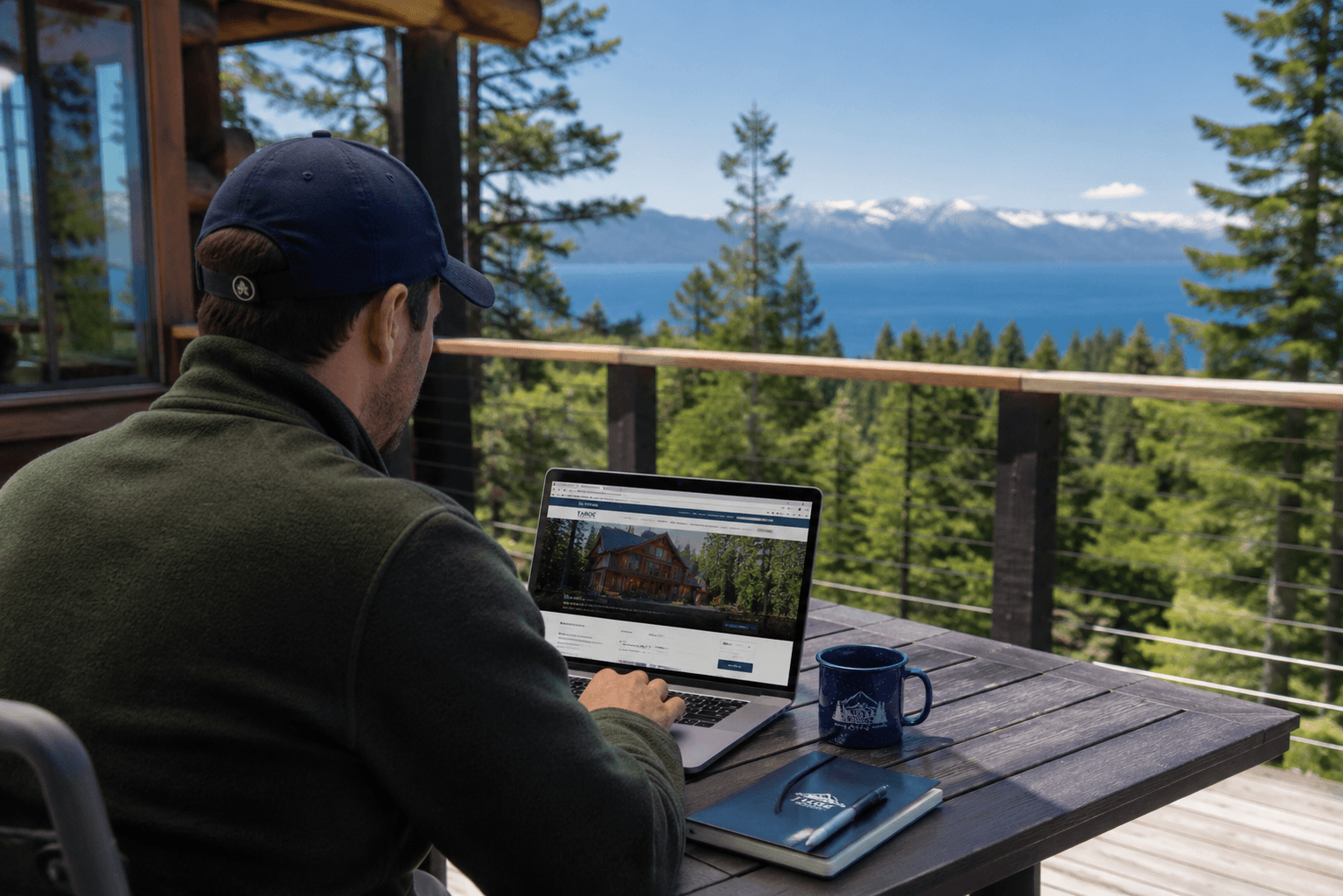 Man working remotely on a laptop from a deck overlooking Lake Tahoe