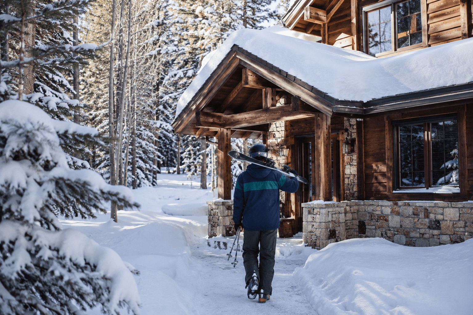 Skier walking toward a snow-covered Lake Tahoe cabin carrying skis